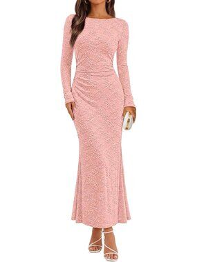 Women's Pink Long Sleeve Bodycon Fall Wedding Guest Formal Floral Maxi Dresses